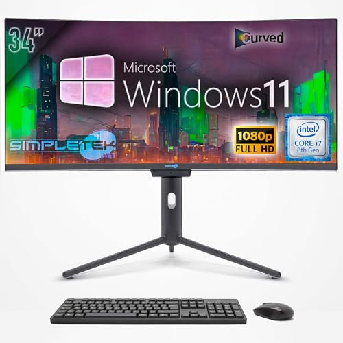 SIMPLETEK - PC All in One Curved Bildschirm 34 Wide | Core i7 8. Generation | Windows 11 Pro | 4GB RAM | 240GB SSD | Integrierte 2K Webcam | WiFi 6 und BT 5.2