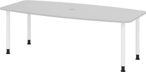 bümö Konferenztisch oval 220x103 cm großer Besprechungstisch in grau, Besprechungstisch mit Gestell in Weiß, Meetingtisch für 8 Personen, XL-Tisch für Besprechungsraum & Meeting