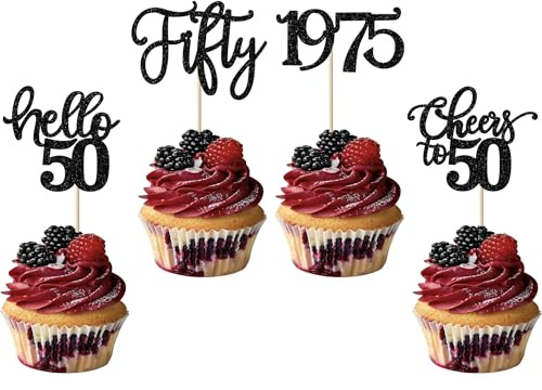 SYKYCTCY 24 Pack 1975 Birthday Cupcake Toppers Fifty Hello 50 Cupcake Picks Cheers to 50 Cake Decorations for 50th Birthday Party Anniversary Party Supplies Black