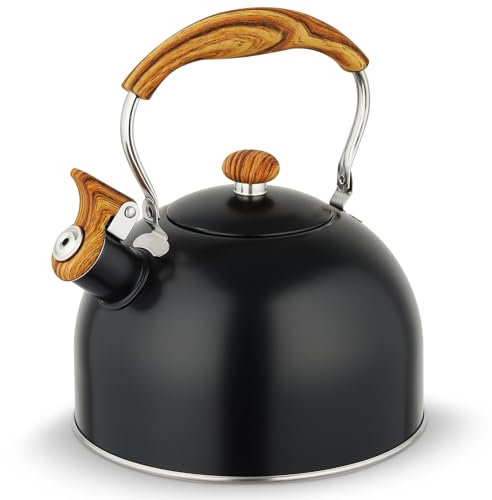 Whistling Kettle, 2. 5L Stove Top Kettle Stainless Steel Whistling Tea Kettle for Gas Stove or Induction hob, Teapot with Wood Handle and Tall Whistle, Tea Kettle for Kitchen Indoor & Outdoor (Black)