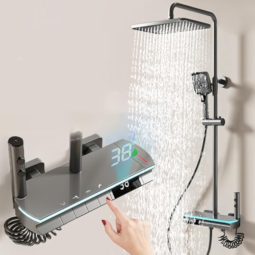 Thermostat Duschsystem mit Duscharmatur - Komplettset Dusche mit Duschstange Kopfbrause und LED-Digitalanzeige Bidet Handbrause, Thermostatische Komplett Duschset Duschsystem丨Grau