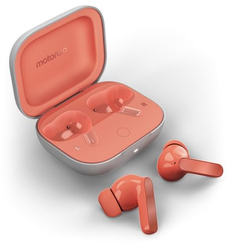 Motorola Moto Buds, kabellose Kopfhörer, immersiver Klang mit Dolby Atmos, Geräuschunterdrückung, Akkulaufzeit 42 Stunden, 3 Mikrofone, Pfirsich [Französische Version]
