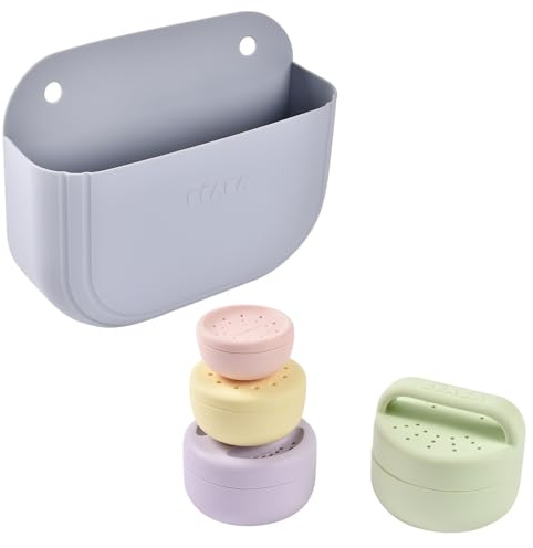 BÉABA, Coffret 4 Jouets de Bain Bébé : Panier Rangement Ventouse et Lot 4 Jouets Bain Silicone, Empilables, Gigognes, 2 Compartiments, Galet & Mutli couleurs