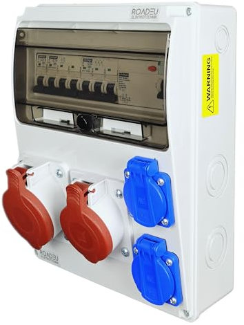 RoadEu Caja de distribución mural CEE 16A & 32A – 2x enchufes Schuko 230V – Interruptor diferencial & disyuntor – IP44 – Distribuidor eléctrico precableado para obra, taller y exterior