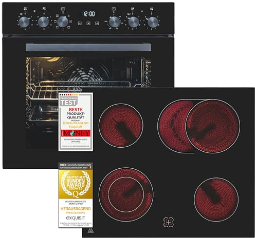 Exquisit EHE 157-2 URBZ-Set Inox Einbauherdset mit Ceranfeld, 58 l, A | Backofenset mit Umluft, 7 Programmen, Timer und Restwärmeanzeige. Inklusive Zweikreis- und Bräterzone für große Pfannen.