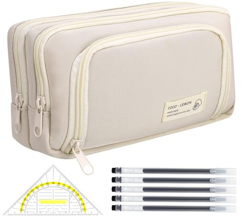 Halinuia 7 Pcs Federmäppchen Groß, Mäppchen Aesthetic mit 1 Dreieck Lineal 5 Stifte,Federmappe mit 3 Fächer Pencil Case für Jungen, Mädchen, Schüler und Erwachsenefür Schule Büro (Weiß)