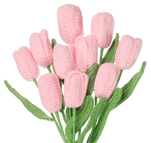 sourcing map Tulip Crochet Flowers, Artificial Knitted Tulip Flower Completed Handmade Tulips Bouquet for Gift Home Birthday Wedding Decoration, Pink Pack of 10