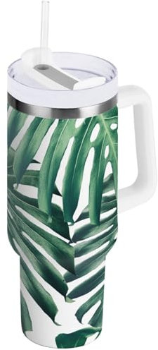 Monstera - Vaso con mango y tapa de paja, 887 ml, diseño de hojas de palmera verde tropical, botella de agua isotérmica de acero inoxidable, 0,89 l