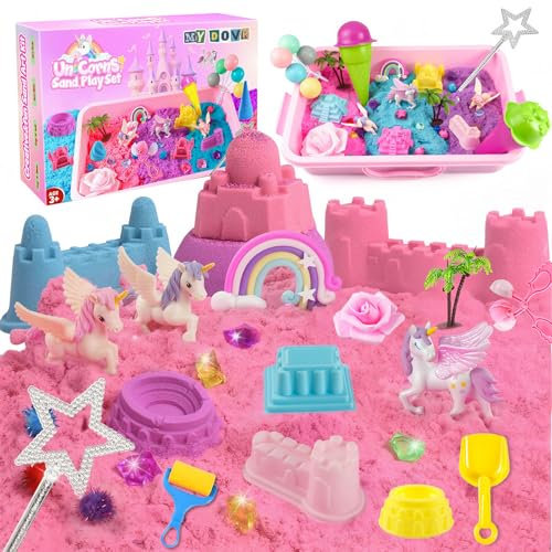 MYDOVA Unicorn Sensory Bin, DIY Play Sand Art Kit, All in One Magic Play Sand Set for Kids with Sandbox &Unicorn Figures & Castle Mold &Multi Accessory, Fine Motor Kids Toy Gift for Girls Age 3-8
