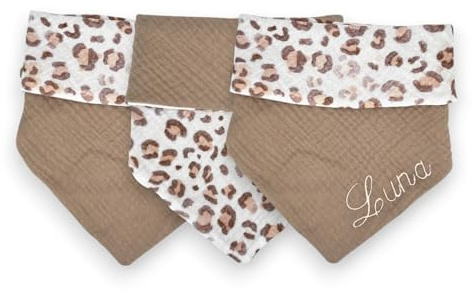Matibuli Musselin Hundehalsbandana mit Leo-Muster Beige - personalisiert – Weiches Hundehalstuch zum Knoten, 100% Baumwolle, Handmade & Atmungsaktiv mit Namen, Stilvolles Accessoire für Hunde