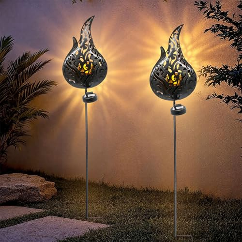 Spetebo Solar Gartenstecker Flamme mit LED Crackle Glaskugel - 2er Set - Metall Deko Fackel 92 cm mit Flammenlicht - Garten Dekostecker Beetstecker Solarleuchte Gartenlicht Bruchglas Kugel