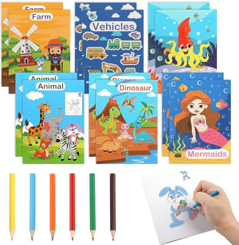 Maxmoc 12 Stück Malbücher für Kinder Set,Mini Malbuch Kinder Mitgebsel | 18 X 13 cm,Mini Malbuch Set ,12 Malbücher,6 Buntstifte Kinder ab 3 4 5 6 Jahren ,für Mitgebsel Kindergeburtstag Gastgeschenke