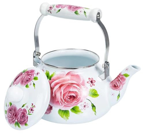 Bollitore vintage in smalto con motivo floreale a rose, da piano cottura, 2,5 l