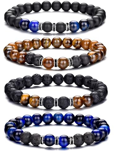RANKEEF Bracelet d'Oeil de Tigre pour Homme 8MM Pierre Naturelle Bracelet | Bracelet Pierre Naturelle Bracelet Oeil de Tigre Homme Obsidienne Ensemble de Bracelets de Perles Cadeau Homme