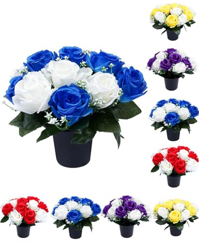 ZaKaBox Artificial Flowers for Graves,16 Blue & White Roses in Black Pot, Grave Pots with Artificial Flowers for Outdoor Cemetery Decoration, Realistic Grave Ornaments