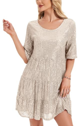 Kyzoeyou Kurzarm Glitzer Sommerkleid Damen mit Pailletten Midi Kleider Leicht Kleid Casual Tunika Plissee Swing Freizeitkleid