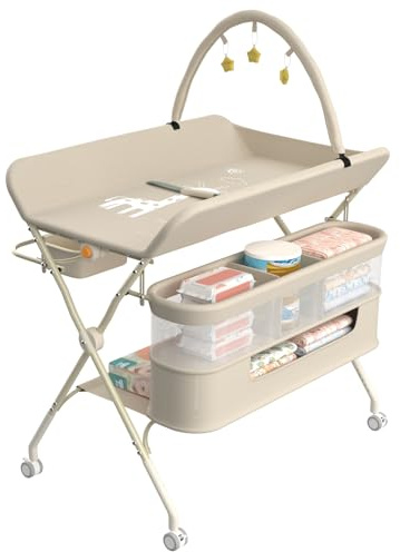 OHMG Table à Langer Portable et Pliable, Plan à Langer,5 Réglable en Hauteur, avec roulettes,Panier Latéral et Tige de Suspension,3 Jouets Étoiles,Jusqu’à 15 kg,Meuble pour Bébé,75x68x83-91cm