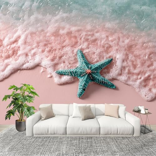 Hermosa Estrella de Mar de Playa Fotomurales Pared Papel Pintado 300x210 cm Rosa Tejido No Tejido Fotomurales Dormitorio Para la sala Decoración de pared tipo póster Fondo De Pantalla