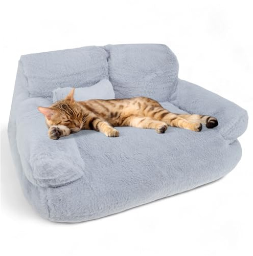 RENEWREVITAL Cat Sofa, Pet Bed with Bolstered Edges, Extra Plush Sponge Padding, Cat Beds for Indoor with Removable Washable Cover, Non-Slip Bottom, Grey