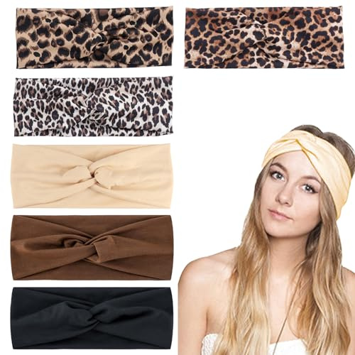 6 fasce elastiche per capelli con stampa leopardata e tinta unita, larghe fasce elastiche per donne, yoga, sport, stile bohémien, alla moda, per donne e ragazze