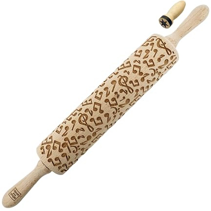 MoodForWood Teigroller aus Holz, Gravierte Holzrolle 43 cm, mit Griffen & Stempel, Roller mit Muster für Teig, Kuchen & Backwaren, Nudelholz für Müheloses Ausrollen, Ø 6 cm, Musik