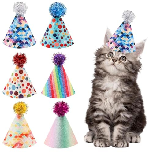 6 Stück Geburtstagshut Katzen/Hunde Partyhüte für Kuscheltiere Mehrfarbige Geburtstagshüte mit Pompon Partyhütchen Verstellbare Stirnbänder für Kätzchen Kaninchen Hunde 13 * 8CM
