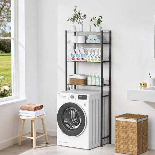 OUTWOLF Waschmaschinenregal Waschmaschinenschrank Überbauschrank ohne Bohren 4 Ebenen Badezimmerregal, Hochkohlenstoffstahl Toilettenregal, Platzsparender Badezimmerträger, Schwarz