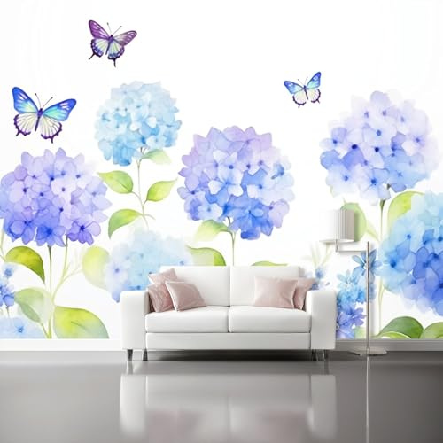 Murale in Carta da Parati Non Tessuta Blu-Viola Bianco - Acquerello Farfalla Fiori Ortensia Stampato in Alta Definizione - Perfetto per Casa, Ufficio, Ristorante, Hotel - 200 x 140 cm