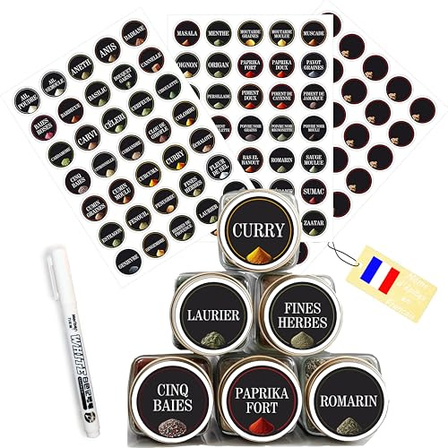 Kistayle Étiquettes épices rondes 3D Ø38 mm – 105 étiquettes | Effet 3D • Étiquettes vierges et marqueur noir double pointe inclus