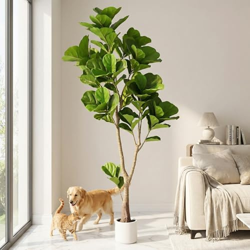 6ft Artificial Fiddle Leaf Fig Tree Tall Large Realistic Fake Ficus Lyrata Plant for Indoor Home Decor Office Living Room Floor Plant Modern Farmhouse Silk Tree 72 Inch Pet Safe Maintenance Free