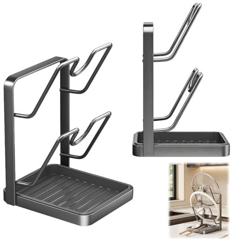 2Pcs Kitchen Pot Lid Storage Rack & Organizer – Pan Lid Cutting Board Holder Storage On Counter, Kitchen Pot Organizer Rack With Removable Drip Tray, Space-saving Board Cover Stand For Countertop