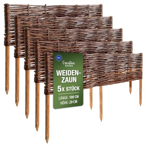 Creative Home Beeteinfassung Weide Weidenzaun 5er Set 100 x 20 cm (+/-1cm) | Gartenzaun Beetumrandung Steckzaun | Rasenkante Beetbegrenzung | Dekorativer Zaun Garten