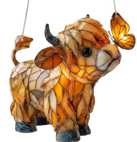 Highland Cow Suncatchers for Windows, Stained Glass Style Acrylic Window Hanging Ornament, Rustic Farmhouse Garden Wall Art Decor, Scottish Cow Gifts for Women and Animal Lovers, Amber Tones