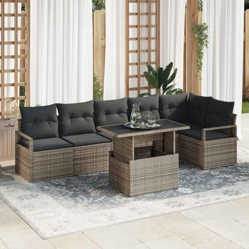 Owoxanthellate Owox 7-Teiliges Poly-Rattan Ecksofa-Set grau: modulares Lounge-Set mit Tisch, 6-Sitz Gartenmöbel für Balkon & Terrasse