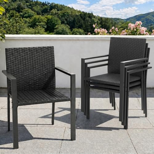 UDPATIO Gartenstühle Stapelbar 4er Set, Gartenstuhl Hochlehner aus Polyrattan, Rattan Stühle, Stapelstühle Wetterfest, Balkonstuhl Metall, Terrassenstühle für Garten, Outdoor, Schwarz