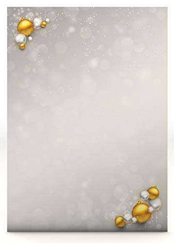 Weihnachtsbriefpapier | Weihnachtskugeln Gold und Silber | 50 Blatt weihnachtliches Motivpapier DIN A4 | Briefpapier