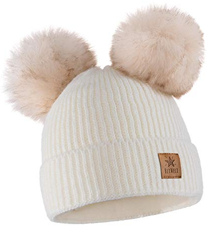 ELIMELI Kinder Mütze für Mädchen warme gestrickte Wintermütze mit Zwei Bommeln Perfekt Beanie für Winter und Herbst 17223 (Weiß)