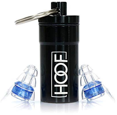 HOOF SafeSound - Ohrstöpsel/Gehörschutz für DJ´s, Musiker, Konzerte, Festival, Club, Disco, Party, e Gitarre, e Schlagzeug, Musik Silikon earplugs Hörschutz Blau/transparent mit Alubehälter