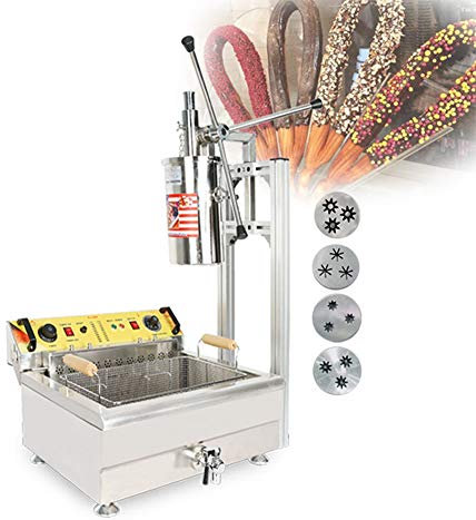 CGOLDENWALL Machine à Churros Espagnol Commerciale Coupe Automatique avec Friteuse Professionnelle 30L en Acier Inoxydable avec Cylindre de Matériau 5L, 4 Moules à 3 Trous