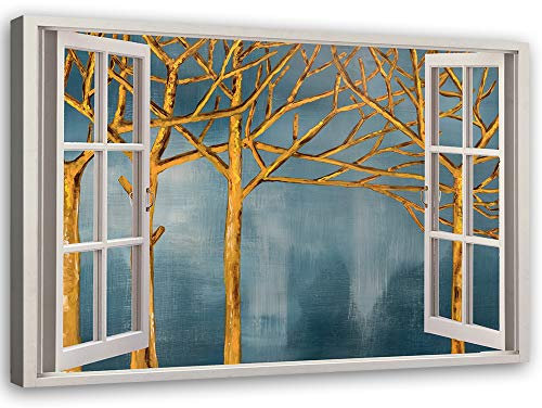 Feeby Leinwandbild Bäume Bild Kunstdruck Fenster-Illusion Blau 30x20 cm