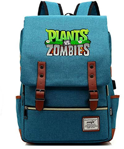 WANHONGYUE Spiel Plants vs. Zombies Backpack Vintage Schulrucksack Studententasche Schulranzen 15,6 Zoll Laptop Rucksack mit USB-Ladeanschluss Deep Sky Blue / 2