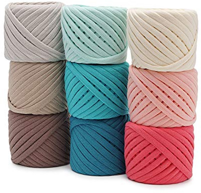 T-Shirt Garn Fettuccini Zpagetti Set - 9 Knäuel, 196 Yards, Häkelkit, Band Baumwolle, Strickgarn Ball, Bio T-Garn - Caroline Set | Knotenfreies Baumwoll-Bändchengarn-Set für Häkeln, Makramee & Weben – 9 Knäuel, 180 m gesamt