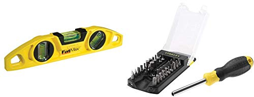 Stanley 0-43-603 Nivel Torpedo FatMax magnético, 230 mm, 25cm + STHT0-70885 Destornillador multipuntas, incluye 33 puntas y organizador de puntas