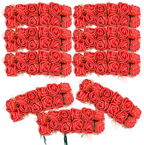 BETESSIN 144 STK. Künstliche Rosen Rot Mini Schaumrosen mit Tüll Schaum Blumen Klein mit Stiel 2cm Kunstrosen Köpfe DIY Künstlich Rosenköpfe zum Basteln Party Hochzeit Brautstrauß Geschenk