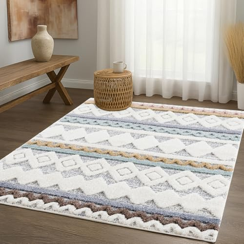 payé Teppich Wohnzimmer - 120x170cm - Hochflor Flauschig Weich - Pastellfarben Multi - Boho Design - Skandinavisch Raute Ornamente Muster - Schlafzimmer