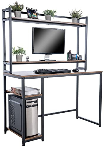CLP Bureau Design Billings avec Plateaux en Bois I Cadre en Tubes d'acier I Table D'Ordinateur avec Colonne De Rangement, Couleur:Noir/Marron