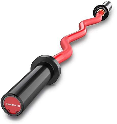 E.T.ENERGIC 119,4 cm Curlstange olympische EZ Bar 227 kg Kapazität Stahl Barbell geeignet für 5,1 cm Langhantelplatten, rote Hülse schwarzer Schaft