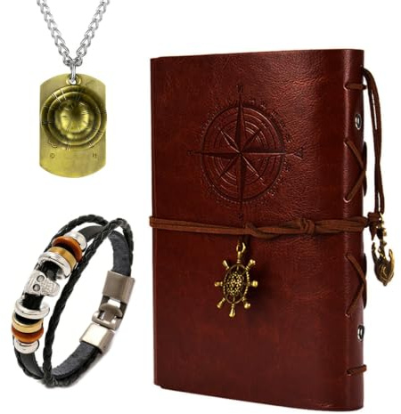 UoYu YouU 3 Stück OP. Strohhut Cosplay Schmuck Leder Schreiben Journal nachfüllbar Notizbuch Anime Ruffy Halskette PU Armreif Skelett Anhänger Armband