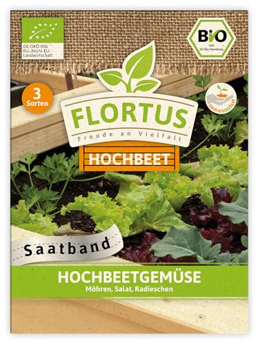 FLORTUS BIO Hochbeetgemüse Saatbänder | 3 Sorten BIO Gemüsesamen im praktischen Saatband | Samen Set für Gemüse Hochbeet | Möhren Samen | Salat Samen | Radieschen Samen | Saatgut BIO