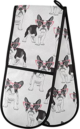 Double Oven Gloves Cartoon French Bulldog with Pink Glasses Heat Resistant Pot Holder Oven Mitt Gloves for BBQ Cooking Baking Grilling Microwave